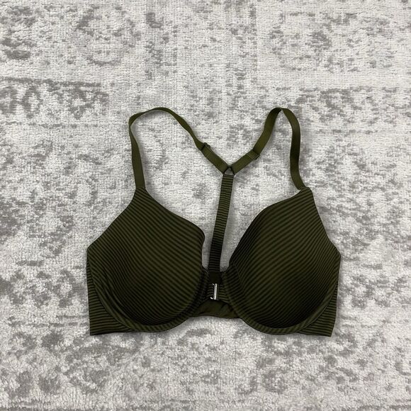 Victoria Secret Bra Green Stripe Racerback Semi Demi Front Closure Size 34D - Picture 1 of 4